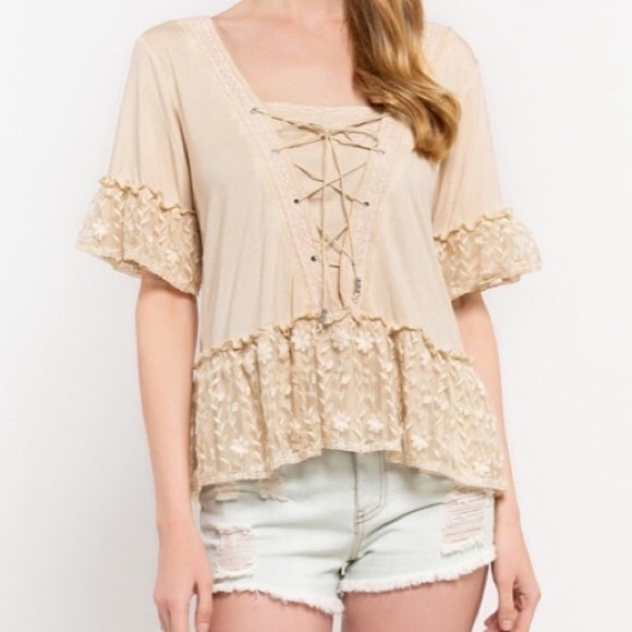 ✌🏼 #1251 POL Honey Gold Floral Lace Short Sleeve Top - Picture 6 of 12